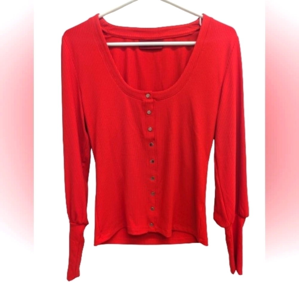 Jennifer Lopez women's red scoop neck button front long sleeve top size M